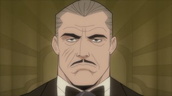 Movie still from “Batman: The Long Halloween” (2021), directed by Chris Palmer – An animated picture of a man with a mustache; Close Up shot, Low angle