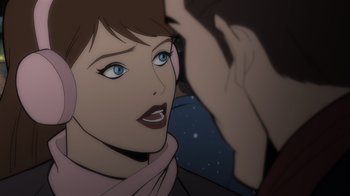 Movie still from “Batman: The Long Halloween” (2021), directed by Chris Palmer – An animated picture of a woman looking at a man; Close Up shot, Over the shoulder angle
