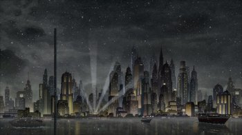 Movie still from “Batman: The Long Halloween” (2021), directed by Chris Palmer – An illustration of a city skyline at night; Extreme Wide shot, High angle