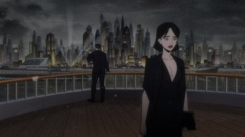 Movie still from “Batman: The Long Halloween” (2021), directed by Chris Palmer – An animated scene of a man and a woman in front of a city skyline; Wide shot, Over the shoulder angle