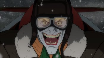 Movie still from “Batman: The Long Halloween” (2021), directed by Chris Palmer – An image of an animated character smiling for the camera; Close Up shot, Overhead angle