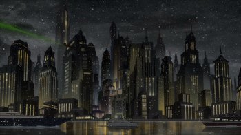 Movie still from “Batman: The Long Halloween” (2021), directed by Chris Palmer – An illustration of a city at night with lights; Extreme Wide shot, High angle