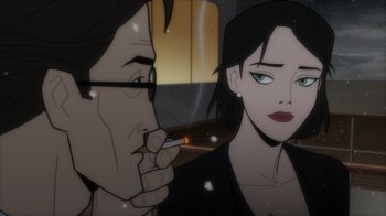 Movie still from “Batman: The Long Halloween” (2021), directed by Chris Palmer – An animated scene of a man and a woman smoking a cigarette; Close Up shot, Over the shoulder angle