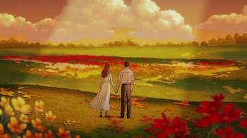 Movie still from “Batman: The Long Halloween” (2021), directed by Chris Palmer – A man and a woman holding hands while standing in a field; Wide shot, High angle