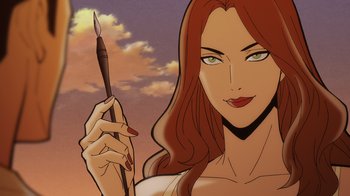 Movie still from “Batman: The Long Halloween” (2021), directed by Chris Palmer – A woman holding a paintbrush in front of a cloudy sky; Close Up shot, Low angle