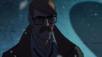 Movie still from “Batman: The Long Halloween” (2021), directed by Chris Palmer – An animated picture of a man with a mustache and glasses; Close Up shot, Over the shoulder angle
