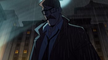 Movie still from “Batman: The Long Halloween” (2021), directed by Chris Palmer – A man with glasses is standing in the rain; Close Up shot, Low angle