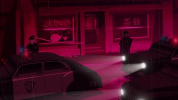 Movie still from “Batman: The Long Halloween” (2021), directed by Chris Palmer – A man standing in front of a car on a city street at night; Wide shot, Low angle