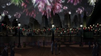 Movie still from “Batman: The Long Halloween” (2021), directed by Chris Palmer – Fireworks are being lit over a city at night; Extreme Wide shot, High angle