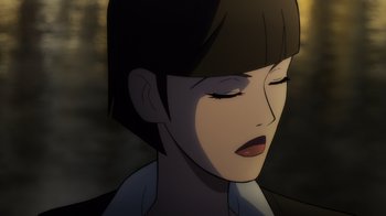 Movie still from “Batman: The Long Halloween” (2021), directed by Chris Palmer – A woman's face in a cartoon style; Close Up shot, Low angle