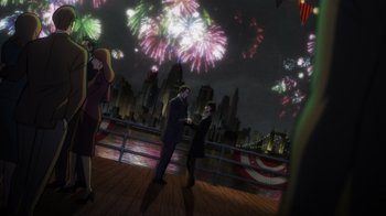 Movie still from “Batman: The Long Halloween” (2021), directed by Chris Palmer – Two people on a boat with fireworks in the background; Extreme Wide shot, High angle