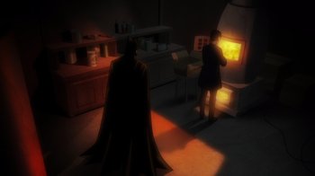 Movie still from “Batman: The Long Halloween” (2021), directed by Chris Palmer – A man and a woman standing in front of an oven in a kitchen; Wide shot, High angle