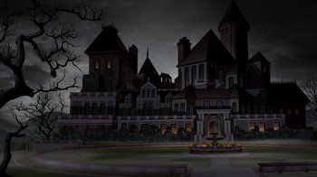 Movie still from “Batman: The Long Halloween” (2021), directed by Chris Palmer – An illustration of an old mansion in the dark; Extreme Wide shot, Low angle