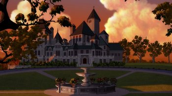 Movie still from “Batman: The Long Halloween, Part Two” (2021), directed by Chris Palmer – An illustration of a fountain in front of a castle; Extreme Wide shot, Low angle