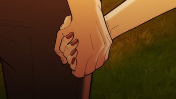 Movie still from “Batman: The Long Halloween, Part Two” (2021), directed by Chris Palmer – Two hands holding each other's hands in front of a green background; Extreme Close Up shot, High angle