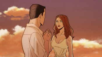 Movie still from “Batman: The Long Halloween, Part Two” (2021), directed by Chris Palmer – A man and a woman standing next to each other; Close Up shot, Over the shoulder angle