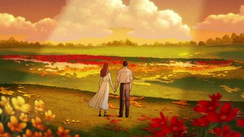 Movie still from “Batman: The Long Halloween, Part Two” (2021), directed by Chris Palmer – A man and a woman holding hands while standing in a field; Extreme Wide shot, High angle