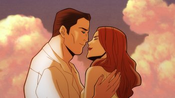 Movie still from “Batman: The Long Halloween, Part Two” (2021), directed by Chris Palmer – An illustration of a man and a woman kissing each other; Extreme Close Up shot, Low angle