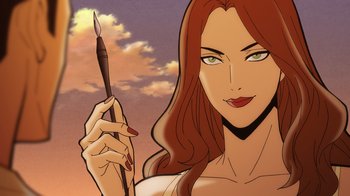 Movie still from “Batman: The Long Halloween, Part Two” (2021), directed by Chris Palmer – An illustration of a woman holding a paintbrush in her hand; Extreme Close Up shot, Low angle
