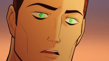 Movie still from “Batman: The Long Halloween, Part Two” (2021), directed by Chris Palmer – An illustration of a man with green eyes; Extreme Close Up shot, High angle