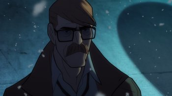 Movie still from “Batman: The Long Halloween, Part Two” (2021), directed by Chris Palmer – An animated picture of a man with a beard and glasses; Close Up shot, Over the shoulder angle