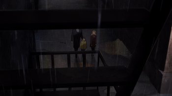 Movie still from “Batman: The Long Halloween, Part Two” (2021), directed by Chris Palmer – A man and two children walking up a flight of stairs; Extreme Wide shot, Overhead angle