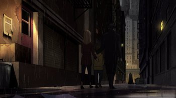 Movie still from “Batman: The Long Halloween, Part Two” (2021), directed by Chris Palmer – A group of people walking down a street; Wide shot, High angle