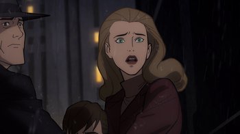 Movie still from “Batman: The Long Halloween, Part Two” (2021), directed by Chris Palmer – An animated picture of a woman and a boy; Close Up shot, Over the shoulder angle