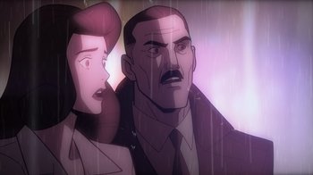 Movie still from “Batman: The Long Halloween, Part Two” (2021), directed by Chris Palmer – An animated man and a woman in the rain; Close Up shot, Over the shoulder angle
