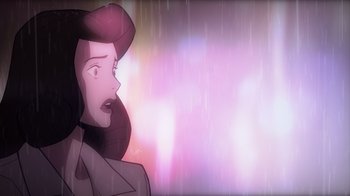 Movie still from “Batman: The Long Halloween, Part Two” (2021), directed by Chris Palmer – An animated picture of a woman in a rainstorm; Close Up shot, Over the shoulder angle