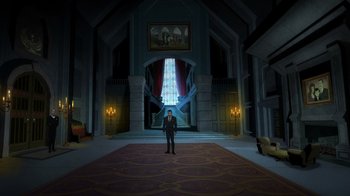 Movie still from “Batman: The Long Halloween, Part Two” (2021), directed by Chris Palmer – A man standing in front of a large window in a room; Extreme Wide shot, High angle