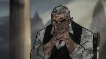 Movie still from “Batman: The Long Halloween, Part Two” (2021), directed by Chris Palmer – An old man with a white shirt and a black vest; Close Up shot, Over the shoulder angle