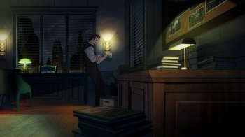 Movie still from “Batman: The Long Halloween, Part Two” (2021), directed by Chris Palmer – A man standing in front of a stack of books in a dark room; Wide shot, High angle