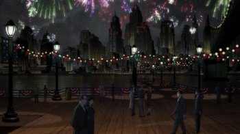 Movie still from “Batman: The Long Halloween, Part Two” (2021), directed by Chris Palmer – A group of people standing in front of fireworks; Extreme Wide shot, High angle