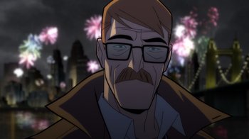 Movie still from “Batman: The Long Halloween, Part Two” (2021), directed by Chris Palmer – A man with a mustache wearing glasses and a jacket; Close Up shot, Over the shoulder angle