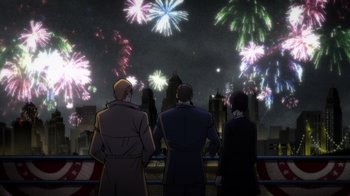 Movie still from “Batman: The Long Halloween, Part Two” (2021), directed by Chris Palmer – A group of people standing in front of fireworks at night; Wide shot, High angle