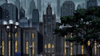 Movie still from “Batman: The Long Halloween, Part Two” (2021), directed by Chris Palmer – An illustration of a large city with a lot of buildings; Extreme Wide shot, Low angle