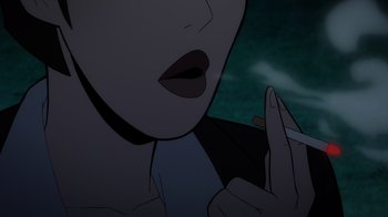 Movie still from “Batman: The Long Halloween, Part Two” (2021), directed by Chris Palmer – A woman's face with a cigarette in her mouth; Extreme Close Up shot, Low angle