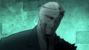 Movie still from “Batman: The Long Halloween, Part Two” (2021), directed by Chris Palmer – An illustration of a man wearing a suit and mask; Close Up shot, Low angle