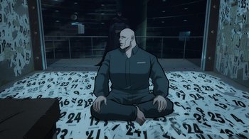 Movie still from “Batman: The Long Halloween, Part Two” (2021), directed by Chris Palmer – An animation of a bald man sitting on a pile of numbers; Wide shot, High angle