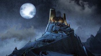 Movie still from “Batman: The Long Halloween, Part Two” (2021), directed by Chris Palmer – An illustration of a castle on top of a hill; Extreme Wide shot, Low angle