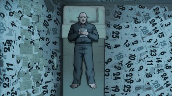 Movie still from “Batman: The Long Halloween, Part Two” (2021), directed by Chris Palmer – A cartoon of a man sleeping in a bed; Wide shot, Overhead angle