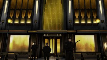 Movie still from “Batman: The Long Halloween, Part Two” (2021), directed by Chris Palmer – A group of men standing in front of a building; Extreme Wide shot, Low angle