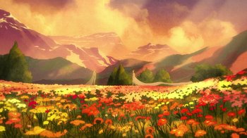 Movie still from “Batman: The Long Halloween, Part Two” (2021), directed by Chris Palmer – A painting of a field of flowers with mountains in the background; Extreme Wide shot, High angle