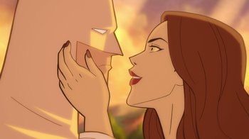 Movie still from “Batman: The Long Halloween, Part Two” (2021), directed by Chris Palmer – An animated picture of a woman kissing a man's face; Extreme Close Up shot, Over the shoulder angle