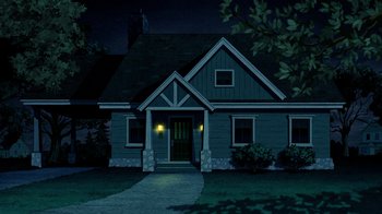 Movie still from “Batman: The Long Halloween, Part Two” (2021), directed by Chris Palmer – A house that is lit up at night time; Extreme Wide shot, High angle