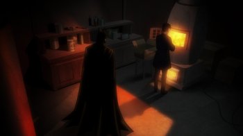Movie still from “Batman: The Long Halloween, Part Two” (2021), directed by Chris Palmer – A man and a woman are standing in a kitchen; Wide shot, High angle