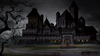 Movie still from “Batman: The Long Halloween, Part Two” (2021), directed by Chris Palmer – An illustration of an old mansion in the dark; Extreme Wide shot, Low angle