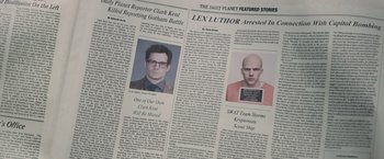 Movie still from “Batman v Superman: Dawn of Justice” (2016), directed by Zack Snyder – The front page of a newspaper; Close Up shot, High angle