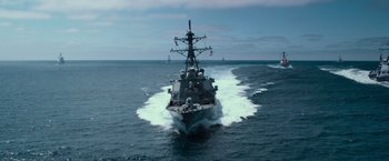 Movie still from “Battleship” (2012), directed by Peter Berg – A large boat in the middle of the ocean; Extreme Wide shot, Low angle